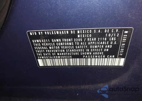 2013 Volkswagen Jetta 2.5L Se from USA, damaged, VIN 3VWDX7AJXDM389226